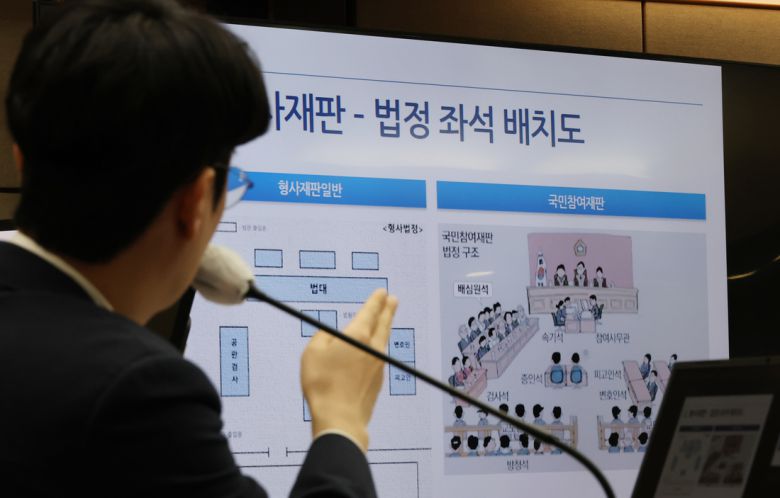 24일 서울 서초구 서울중앙지법에서 우민제 판사가 그림자배심원들을 대상으로 국민참여재판과 그림자배심 프로그램에 대해 설명하고 있다. 연합뉴스