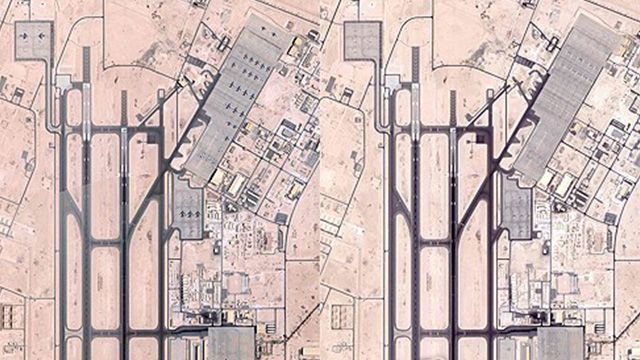 민간 위성업체 플래닛 랩스가 촬영한 카타르 알우데이드 공군 기지의 2025년 6월 5일(왼쪽)과 6월 19일(오른쪽) 위성 사진. 19일에 촬영한 사진에는 비행기가 없는 모습이 보인다.  AFP연합뉴스