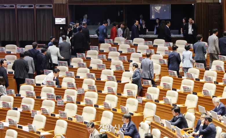 국민의힘 의원들이 27일 국회 본회의에서 상임위원장 투표에 앞서 퇴장하고 있다. 박민규 선임기자