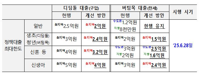 디딤돌·버팀목 등 정책대출 최대 한도 축소안. 금융위원회 제공