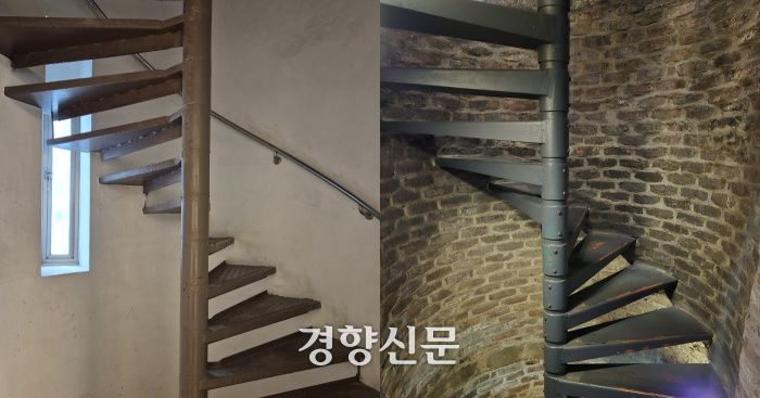 왼쪽은 남영동 대공분실 내 나선형 계단, 오른쪽은 공간사옥 내 나선형 계단. 허남설 기자