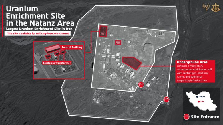 지난 13일 이스라엘군은 이란 나탄즈 지역의 핵 시설을 공습했다고 밝히며 이 핵 시설에서 우라늄을 무기용으로 농축하는 데에 필요한 인프라가 있다고 전했다. 이스라엘군 엑스 캡처