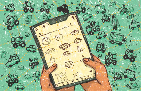 한 사람이 스마트폰에 설치된 배달 앱을 통해 음식을 주문하고 있는 모습을 그린 일러스트. / 일러스트 김상민 기자