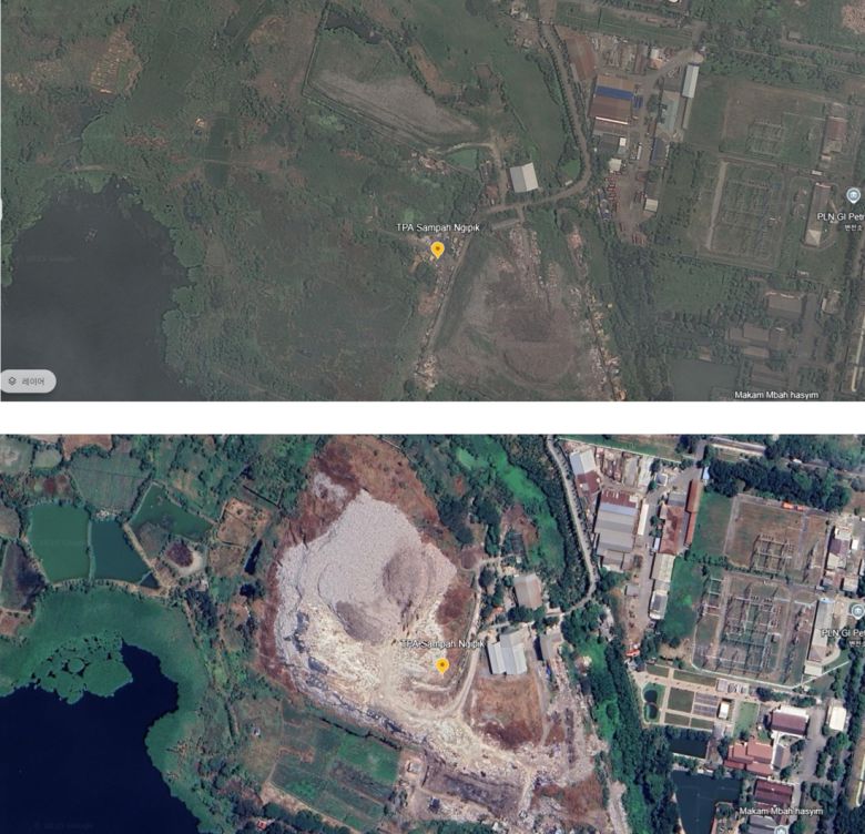 인도네시아 그레식 지역의 응기픽 쓰레기 선별장의 2013년 모습과 지난해 모습. 10년 사이 7층 높이의 쓰레기산이 생겼다. 구글어스 캡처