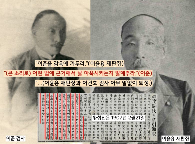 이준 검사가 조목조목 따지자 재판장 이윤용은 “이준을 하옥하라”고 명한 뒤 퇴정했다.