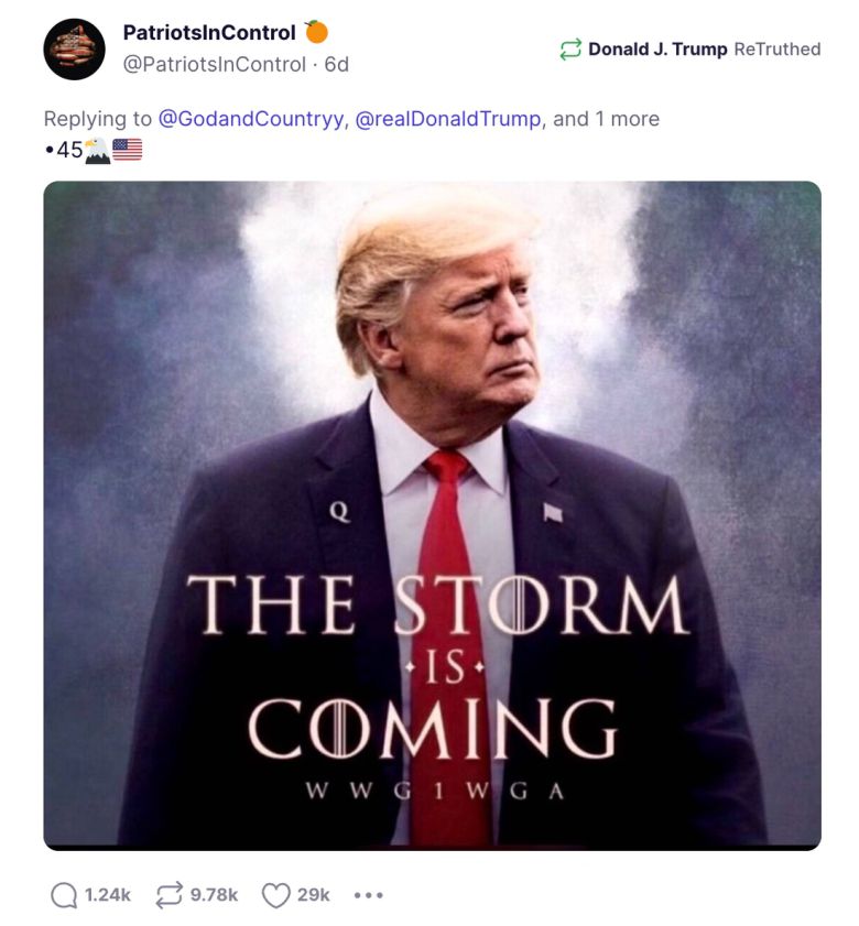 도널드 트럼프 미국 대통령이 트루스 소셜에 공유했던 큐어넌 게시물.