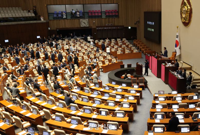 5일 국회 본회의에서 방송문화진흥회법 개정안에 대한 김장겸 국민의힘 의원의 무제한 토론이 시작되자 여당 의원들이 퇴장하고 있다. 박민규 선임기자