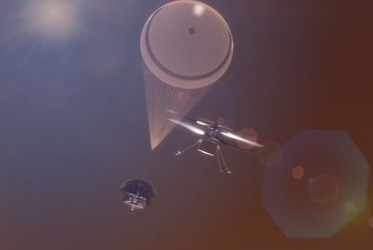 화성 하늘에 투입된 비행 캡슐(낙하산을 펼친 원뿔형 물체)에서 방출된 무인 헬기가 회전 날개를 돌리며 공중에 떠 있는 상상도. 에어로바이런먼트 제공