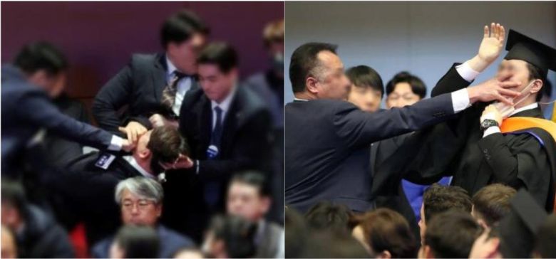 끌려가는 강성희 진보당 의원과 카이스트 학생.  엑스(구 트위터) 영상 캡처