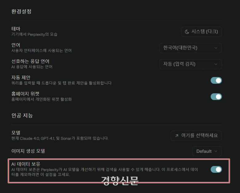 AI ‘퍼플렉시티’의 환경설정. 데이터 학습 관련 옵션이 활성화되어 있다. 송윤경 기자