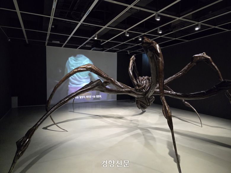 루이즈 부르주아의 ‘웅크린 거미’(2003). 배경으로 1978년 부르주아가 제작한 퍼포먼스 영상이 상영되고 있다. 용인 | 윤승민 기자