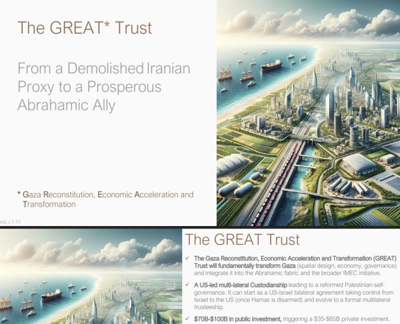 미국의 가자지구 재개발 계획의 담은 ‘그레이트 트러스트’ 사업 계획서 일부. 사업안 제목은 ‘폐허로 전락한 이란의 대리 세력에서 번영하는 아브라함 동맹국으로’다.