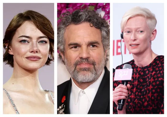 왼쪽부터 배우 엠마 스톤, 마크 러팔로, 틸다 스윈턴. Gettyimages/이매진스