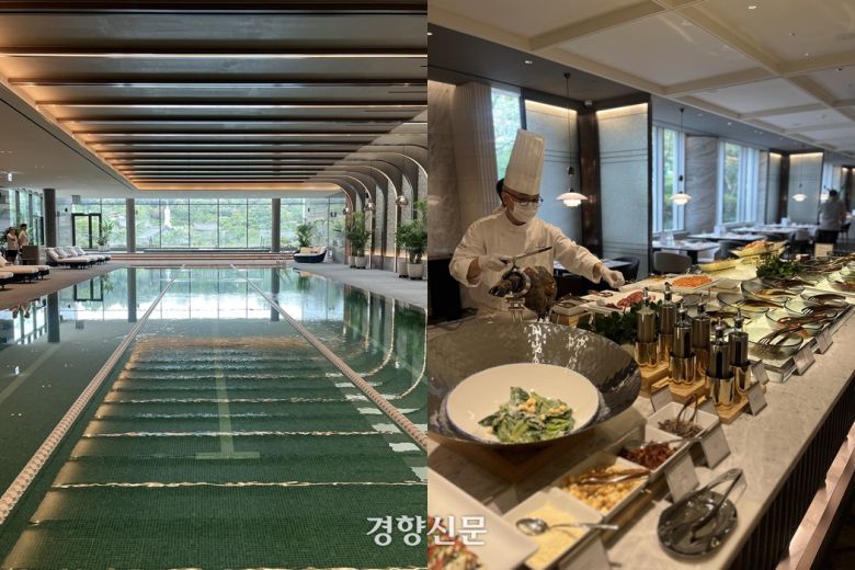 봉은사 뷰가 펼쳐지는 실내 수영장과 신선한 제철 식재료를 맛볼 수 있는 웰니스 다이닝 온테이블.