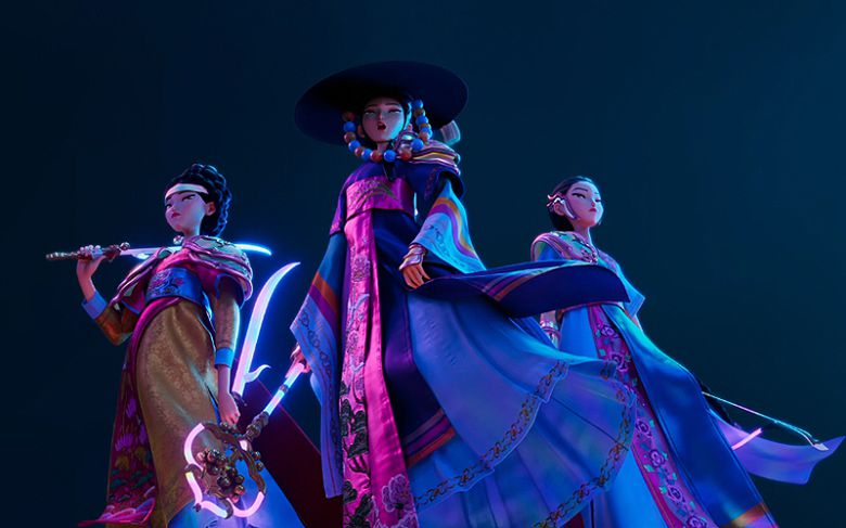 넷플릭스 애니메이션 영화 <케이팝 데몬 헌터스>의 한 장면.  K팝 걸그룹의 전신인 과거 무당들이 악귀를 물리치던 모습. 넷플릭스