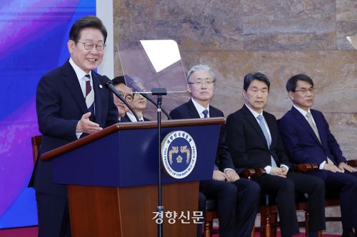 이재명 대통령이 6월4일 서울 여의도 국회 의사당 중앙홀(로텐더홀)에서 제21대 대통령 취임사를 하고 있다. 박민규 선임기자