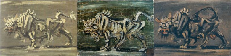 ‘국민화가’ 이중섭은 위작이 많이 나도는 작가다. 왼쪽 첫번째 그림은 1954년작 ‘흰소’(나무 패널에 유채와 에나멜, 31.5×43.5㎝, 홍익대 박물관 소장)이며, 나머지는 감정 결과 위작이다. 송향선 제공