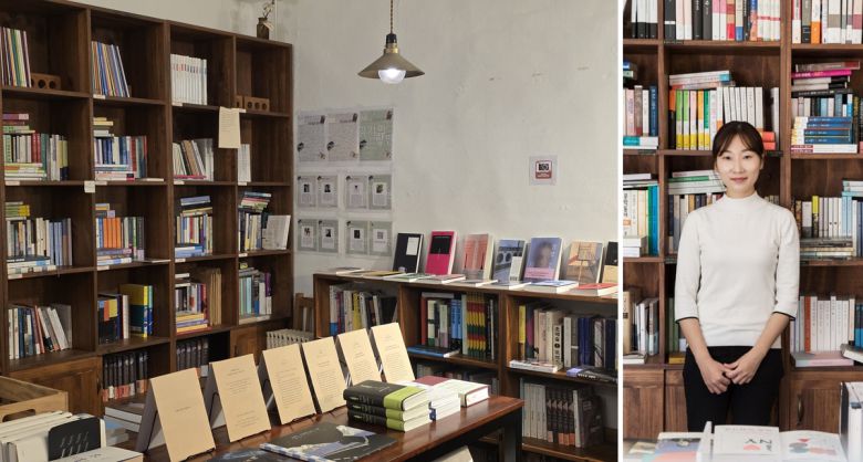 고요서사 내부 서가와 차경희 대표 / 박송이 기자·서울도서관 제공