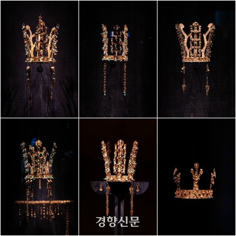 국립경주박물관에서 27일 열린 특별전 ‘신라 금관, 권력과 위신’에 함께 출품된 금관들.  왼쪽 위부터 시계방향으로 서봉총 금관, 금관총 금관, 금령총 금관, 교동 금관, 천마총 금관, 황남대총 북분 금관. 경주 | 이준헌 기자