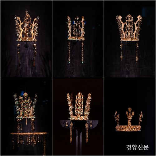 아시아·태평양경제협력체(APEC) 정상회의가 열리고 있는 경북 경주의 국립경주박물관에서 1921년 금관총 발굴 이후 처음으로 신라 금관 6점이 한자리에 모이는 ‘신라 금관, 권력과 위신’ 특별전 미디어행사가 진행되고 있다. 이준헌 기자