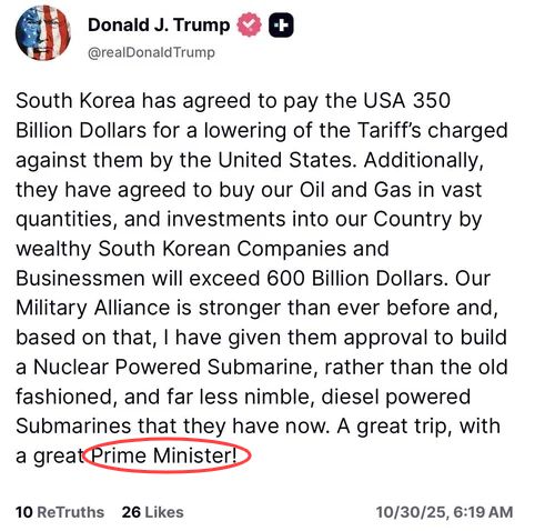 도널드 트럼프 대통령이 30일 트루스소셜에 올린 게시글. 이재명 대통령을 ‘총리’(Prime Minister)로 표기했다. 연합뉴스