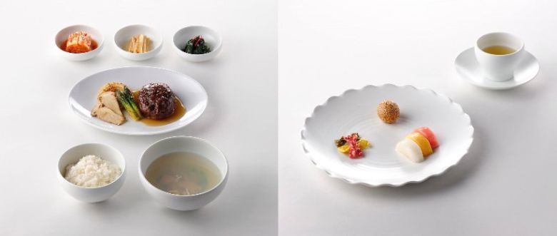 한·중 국빈만찬 메인 요리인 한우 떡갈비 구이(왼쪽)와  한·중 수교 33주년을 표현한 디저트. 대통령실 제공