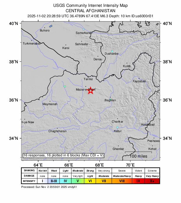 미국지질조사국(USGS)이 제공한 진도 분포도(shakemap). 2일(현지시간) 아프가니스탄 쿨름 남쪽 지역에서 발생한 규모 6.3의 지진 위치가 표시돼 있다. EPA연합뉴스