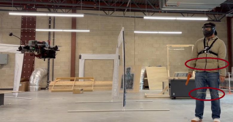 무인기에서 발사된 케블라 섬유 재질의 끈에 남성의 팔다리가 묶여 있다(빨간색 원). 이 때문에 남성은 빠르게 움직이거나 모의 총기를 전방으로 들 수 없다. 랩 테크놀로지스 제공