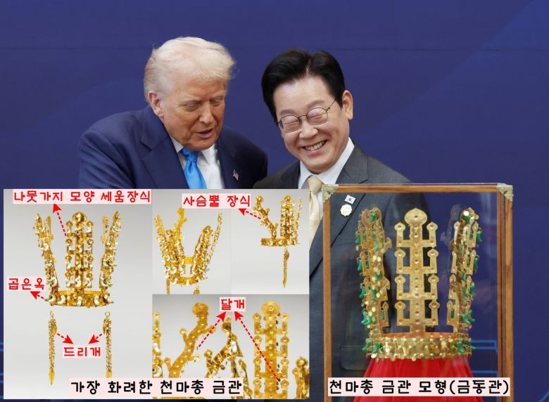 이재명 대통령이 도널드 트럼프 미 대통령에게 선물한 금관은 천마총 금관 모형이다. 6세기 1/4분기에 제작된 것으로 보이는 천마총 금관은 금관 전체에 곱은옥과 달개가 가득 달려있어서 신라 금관 중 ‘가장 화려하다’는 평을 듣고 있다. 그런데 트럼프 대통령에게 제공된 모형은 사실 금관이 아니라 금동관이다.