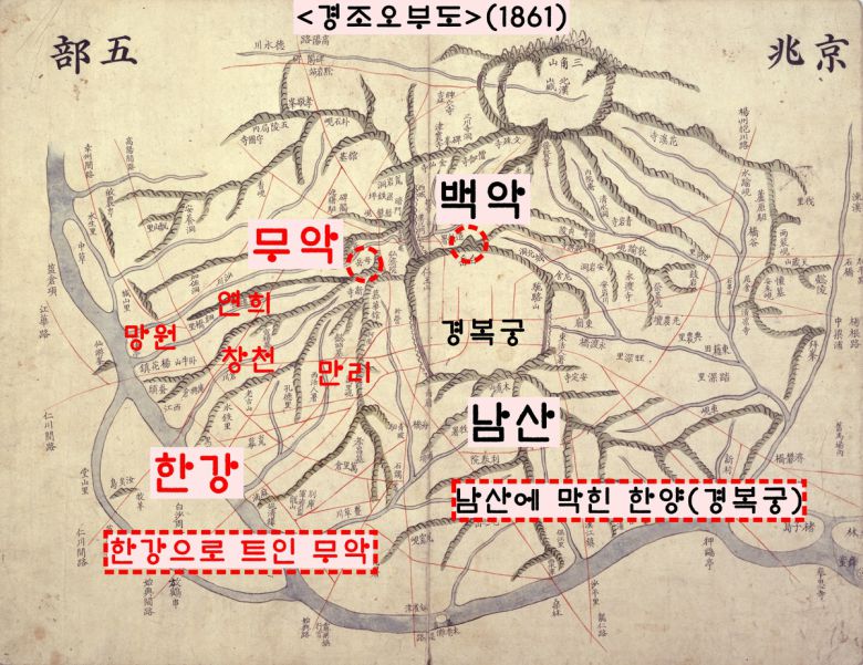 재천도 후보지로 급부상한 무악(안산) 일대. 무악에 올라 신촌·연희·만리·망원동 일대를 살피던 지관들은 “한양보다 오히려 탁 트인 무악이 낫다”고 주장했다. 그러나 태종은 “처음 천도 때(1394)  한양이 낫다고 하던 자들이 왜 이제 무악을 거론하느냐”고 질타했다. 태종은 종묘에서 ‘동전던지기’로 천도할 도읍지를 정하겠다고 결정했다.|규장각 한국학연구원 제공