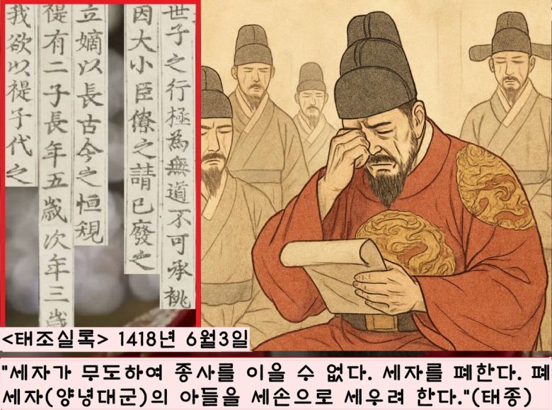 1418년 6월3일 국왕의 중대결단을 조상에게 고하는 대사건이 종묘에서 펼쳐졌다. 세자를 충녕대군(세종)으로 교체한 사건이다. 세자(양녕대군)의 가없는 기행 및 난행을 참다 못한 태종은 이날 폐세자 교서를 발표했다.