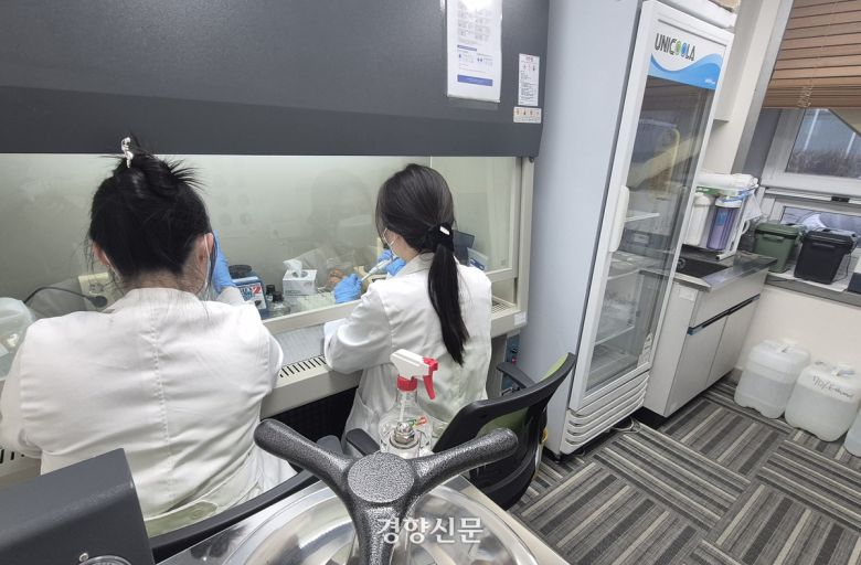 서울잇다푸드뱅크센터 ‘기부물품 위생연구실’ 위생사들이 지난 16일 기부식품에 대한 균 검사를 하고 있다. 류인하 기자
