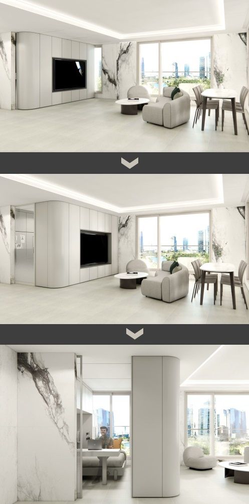 ‘H트랜스포밍 월&퍼니처Ⅲ’ 시스템으로 거실 벽을 이동해 매립된 가구를 꺼내 활용하는 이미지. 현대건설 제공