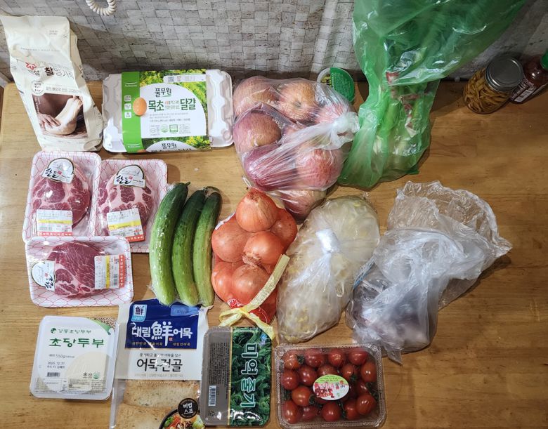 문순덕씨가 지난 18일 마트에서 산 식재료. 총 9만8730원을 썼다. 문순덕씨 제공