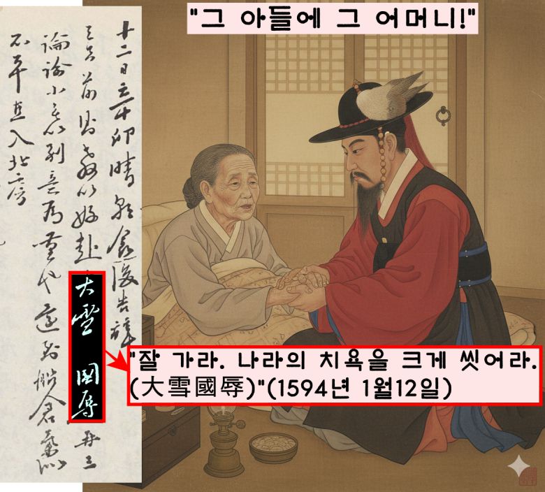 이순신의 어머니(는 하직인사를 올리는 아들에게 “잘 가라. 나라의 치욕을 크게 씻어라.(大雪國辱)”(1594년 1월12일)고 당부했다.