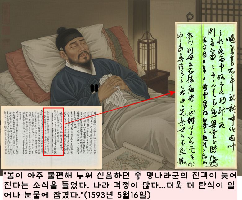 1593년 5월16일 이순신은 몸져 누웠다. 그러나 전란중이니 아프다는 내색은 사치였다. 이순신은 “명나라군의 진격이 늦어지고 소식을 듣고 나라 걱정에 눈물을 흘렸다.