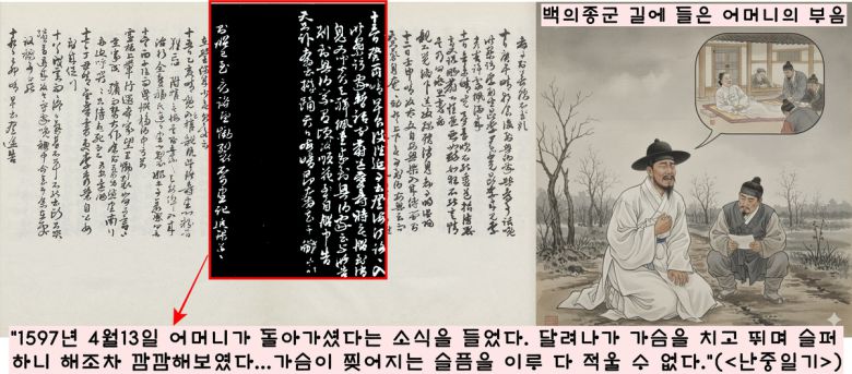 1597년 4월13일 이순신은 백의종군 길에 어머니의 부고를 들었다. 이순신은 하늘이 무너지는 슬픔을 구구절절 표현했다.