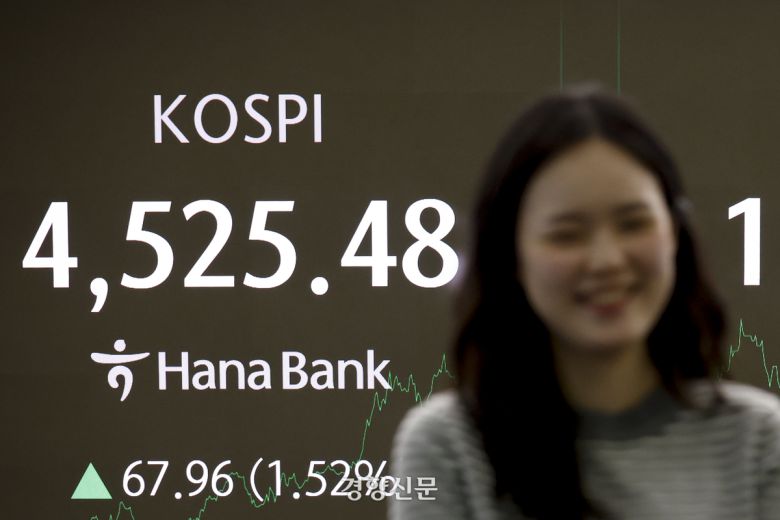 코스피가 사상 첫 4500을 돌파한 6일 서울 중구 하나은행 딜링룸 전광판에 종가가 표시돼 있다. 문재원 기자