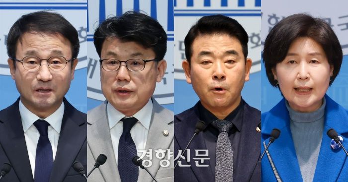 더불어민주당 원내대표 보궐선거 후보인 한병도·진성준·박정·백혜련 의원(기호순). 한수빈 기자·박민규 선임기자·연합뉴스