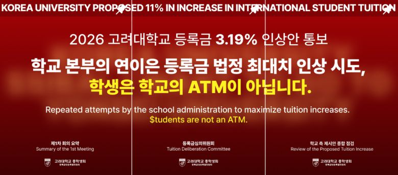 고려대 총학생회의 등록금 인상 반대 게시물. 고려대 총학생회 SNS 갈무리