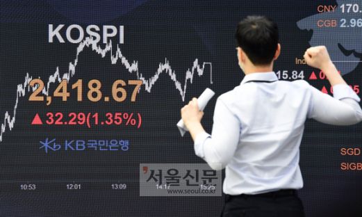 11일 서울 여의도 KB국민은행 딜링룸에서 한 직원이 2년 2개월 만에 2400선을 돌파한 코스피를 보며 기지개를 켜고 있다. 이날 코스피는 전 거래일보다 32.29포인트 오른 2418.67로 장을 마감했다.오장환 기자 5zzang@seoul.co.kr