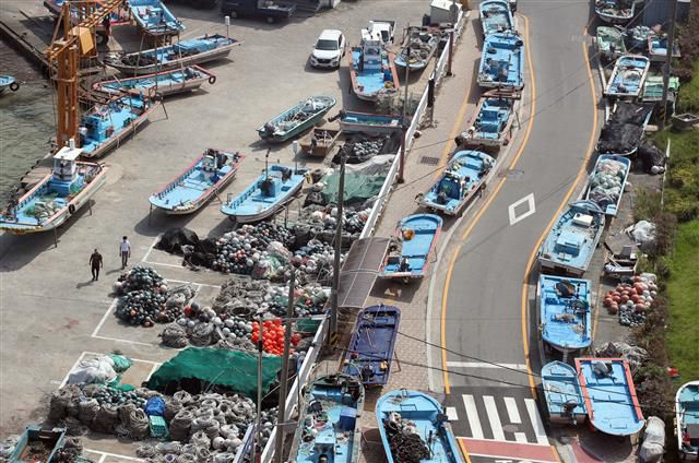 피항한 어선 ‘태풍 바비가 온다’ - 제8호 태풍 ‘바비’(BAVI)가 북상하고 있는 25일 오후 부산 송정어촌계 인근 도로에 어선이 피항해있다. 2020.8.25/뉴스1