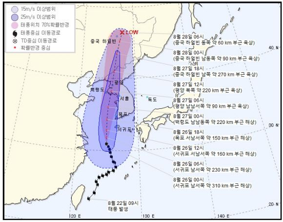 태풍 바비 예상 이동 경로 - 2020.8.26. 기상청 제공
