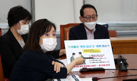 법사위 정회, 통합당 기자간담회 - 1일 오후 국회에서 미래통합당 법사위 소속 김도읍 의원 등이 추미애 법무부 장관 아들의 군복무 시절 휴가 미복귀 의혹과 관련해 기자간담회를 하고 있다. 2020.9.1 연합뉴스