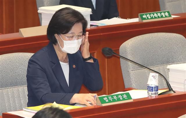 의원 질의에 답변하는 추미애 법무부 장관 - 추미애 법무부 장관이 1일 서울 여의도 국회에서 열린 예산결산특별위원회 전체회의에서 의원들의 질의에 답하고 있다. 2020.9.1/뉴스1
