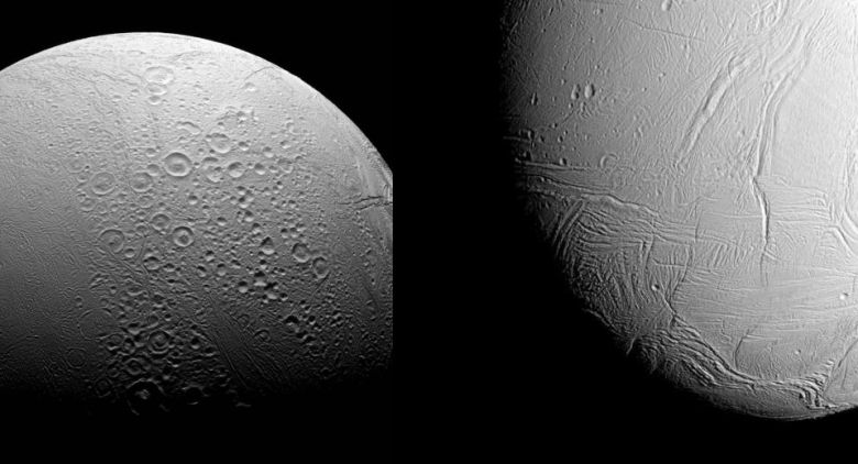 엔셀라두스의 북반구(왼쪽)와 남반구. 사진=NASA