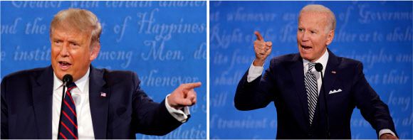 엉망이 된 미국 대선 토론 - 오는 11월 대선을 앞두고 미국 공화당 후보인 도널드 트럼프 대통령과 민주당 후보인 조 바이든 전 부통령이 29일(현지시간) 첫 TV 토론을 가졌다. 이날 대선 토론은 막말과 끼어들기 등으로 얼룩져 사상 최악의 대선 토론이라는 비판을 받았다. 2020.10.1 로이터 연합뉴스