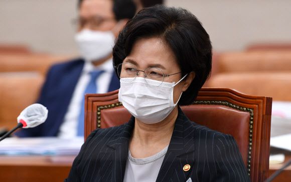- 추미애 법무부 장관이 12일 국회 법제사법위원회의에서 진행된 법무부 국정감사에서 질의를 듣고 있다.  2020.10.12. 연합뉴스