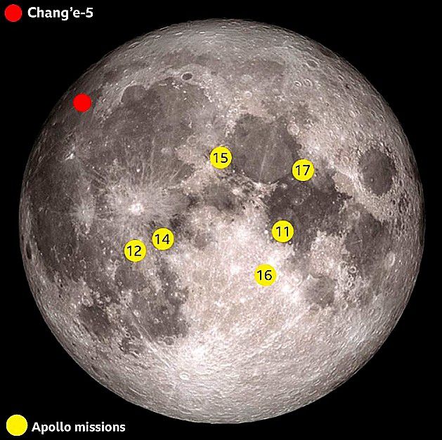 창어-5 착륙기-상승기 결합체가 착륙한 폭풍의 바다 지역(붉은 원).(출처=NASA/JPL)