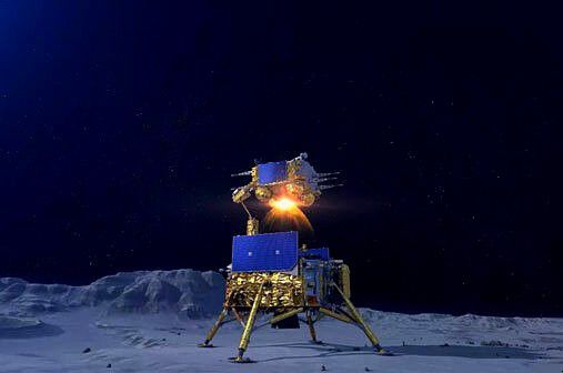 달의 표면 폭풍의 바다에 착륙한 창어-5의 착륙-상승기 상상도.(출처=CNSA / NASA)